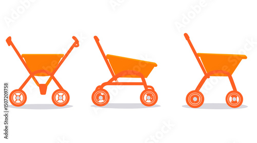 Orange Stroller Icon Set on White Background Baby Transport Outline Vector Illustration