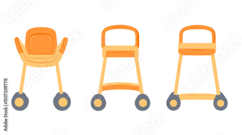 Orange Walkers Front and Side Views Medical Mobility Support Assistance Equipment for Disabled Elderly and Handicap on White Background