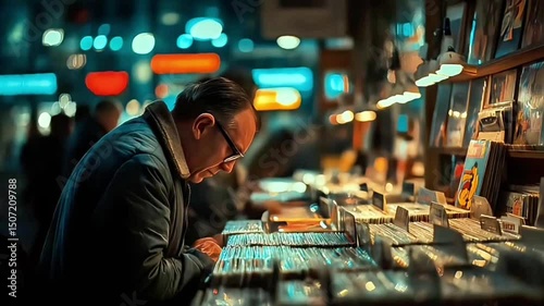 Man Browsing Vintage Vinyl Record Shop Customers Joyful Anticipation Discovering Music Album Treasure Among Nostalgic Records, Thoughtfully Examining Each Cover