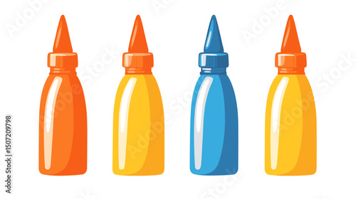 Orange Yellow and Blue Pixel Art Condiment Bottles Illustration on White Background