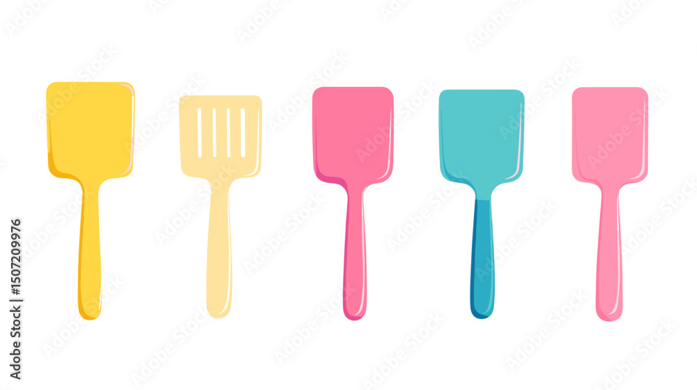 Fototapeta premium Pastel Colored Spatula Set on White Background Kitchen Cooking Utensils Tools Equipment for Domestic Use in Illustration Graphic Design