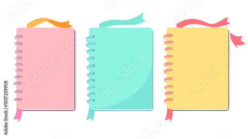 Pastel Colored Notebooks with Spiral Bindings and Decorative Ribbons in Pink Blue and Yellow for School Supplies and Stationary