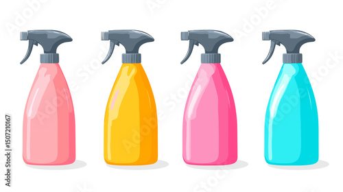 Pixel Art Assortment of Pink Yellow and Blue Spray Bottles with Gray Nozzles on White Background