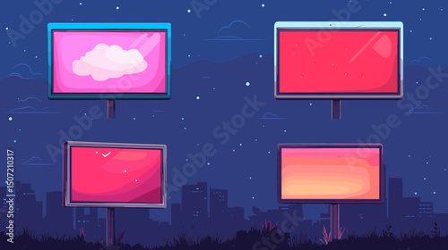 Pixel Art Cityscape at Night with Illuminated Billboards Against Dark Blue Sky