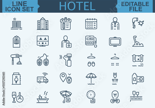 Thin Line Hotel Icon Set Room, Reception, Taxi, Booking, Hostel, Key Card, Check-In, Passport, Safe, Laundry, Fitness, and Pool Symbols in Vector Illustration