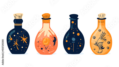 Pixel Art Collection of Vintage Potion Bottles Featuring Starry Designs and Herbal Infusions on a Clean White Background