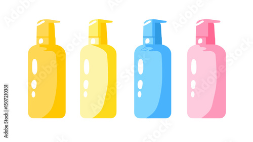 Pixel Art Depiction of Varied Color Shampoo and Soap Bottles on White Background