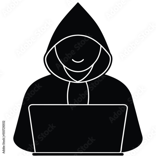Anonymous hacker in hoodie using laptop black and white silhouette icon illustration.