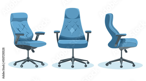 Pixel Art Illustration of Blue Office Chair in Three Views Isolated on White Background