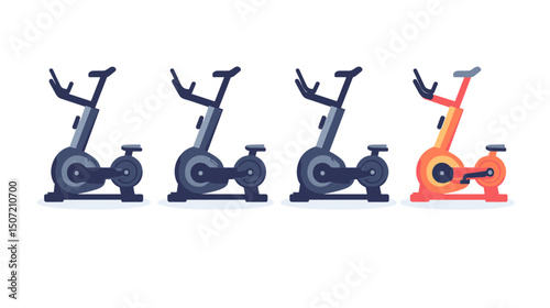Pixel Art Illustration of Stationary Exercise Bikes in Blue and Orange on White Background