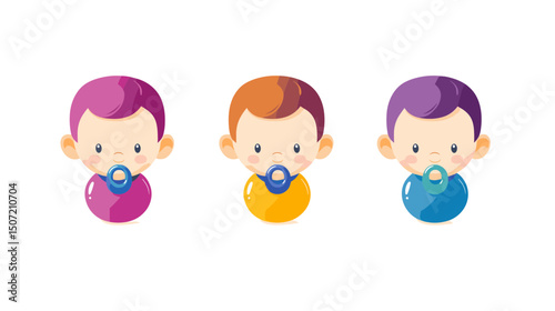 Pixel Art Illustration of Three Babies with Pacifiers in Magenta Yellow and Blue on White Background