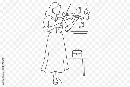  Violinist Line Art Illustration – Minimalist Female Musician Playing Violin with Musical Notes

