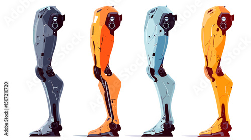 Pixel Art Illustration of Four Robot Legs in Various Colors on a White Background