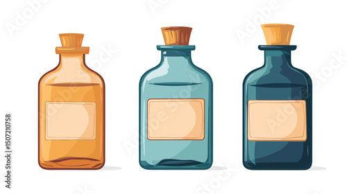 Pixel Art Illustration of Three Glass Potion Bottles with Cork Stoppers in Yellow Blue and Green Colors on a White Background