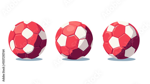 Pixel Art Illustration of Three Red and White Soccer Balls Isolated on White Background in Retro Digital Style
