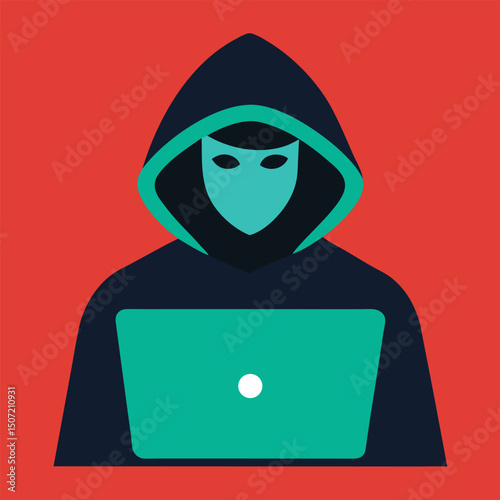 Anonymous hacker with laptop concept for cyber security data protection in flat design.