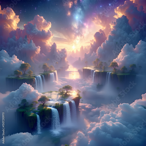 Surreal Fantasy Sky with Floating Islands and Dreamy Sunset Clouds