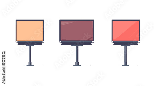 Pixel Art Style Billboards with Orange Red and Purple Screens on Isolated White Background for Advertisement Mockup