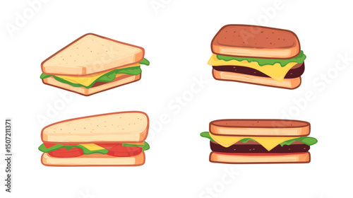 Pixel Art Style Colorful Sandwiches with Cheese Tomato and Lettuce on White Background Tasty Classic Sandwiches Digital Illustration