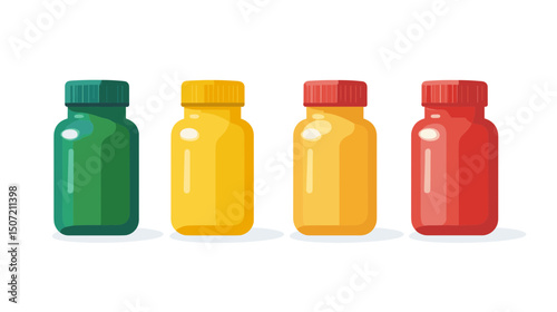 Pixel Art Style Four Colorful Medicine Bottles in Green Yellow and Red Color Isolated on White Background