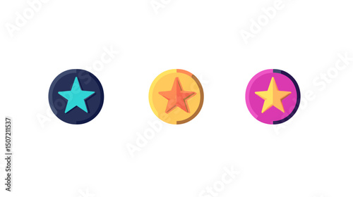 Pixel Art Style of Three Star Icon Set with Blue Yellow and Pink Color Scheme Isolated on White Background for App or Game Design