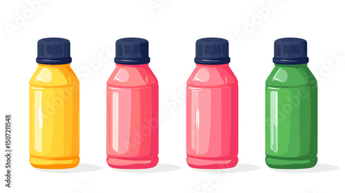 Pixel Art Style of Four Colorful Plastic Bottles in Yellow Red Pink and Green Isolated on White