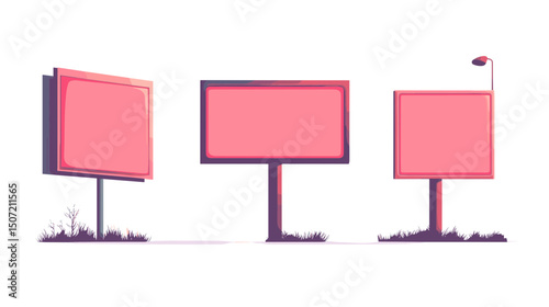 Pixel Art Style Pink Advertising Billboards on White Background for Outdoor Advertising Roadside Signs and City Urban Communication