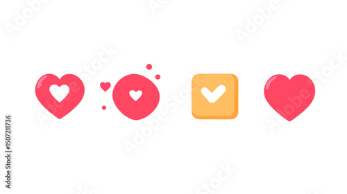 Pixel Heart Icons and Yellow Tick in Square Digital Art on White Background for Social Media Engagement