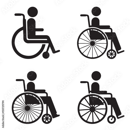 set of black Clean vector icon of a wheelchair silhouette	
