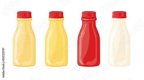 Pixelated Bottles in Assorted Colors with Red Caps Isolated on White Background