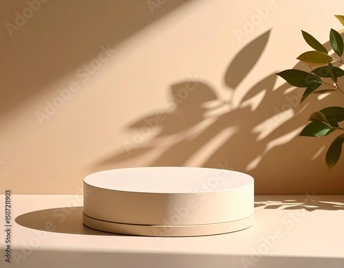 Beige minimalist product display platform with leaf shadow