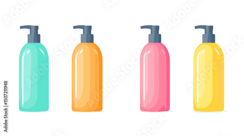 Pixelated Dispensers in Turquoise Orange Pink and Yellow for Cosmetics and Hygiene on White Background