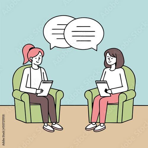 Two people in therapy session cartoon illustration discussing issues in a comfortable setting.