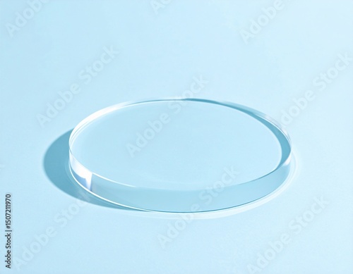 Clear glass circular display platform on pale blue background