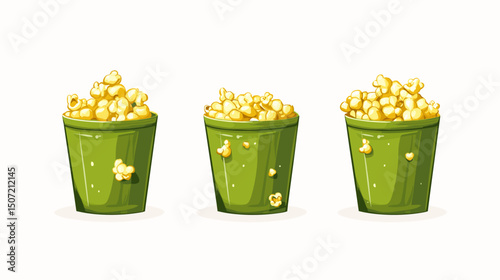 Pixelated Popcorn in Green Buckets for Movie Night Snacks on White Background
