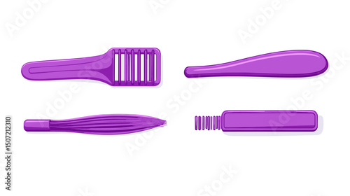 Purple Pixel Art Collection of Grooming Combs in Top and Side Views on White Background