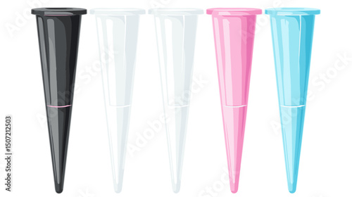 Row of Black White Pink and Blue Pipette Tips for Laboratory Use Medical Science and Research Equipment in an Isolated White Background