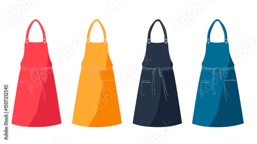 Row of Colorful Aprons in Red Yellow Black and Blue Isolated on White Background for Cooking Baking and Professional Use