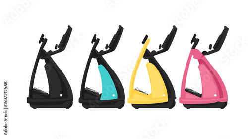 Row of Elliptical Exercise Machines in Black Blue Yellow and Pink on White Background