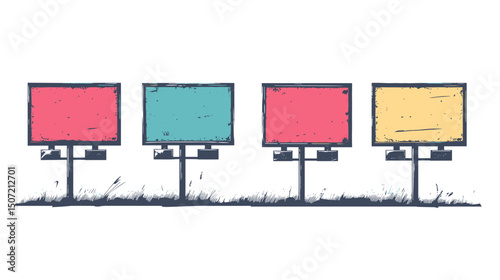 Row of Retro Style Blank Colorful Billboards with Distressed Texture on a White Background