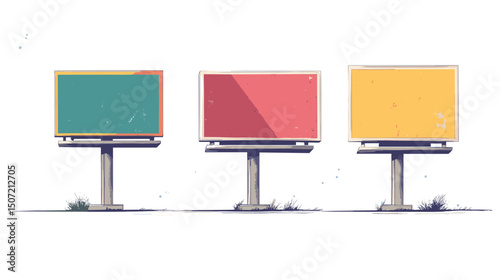 Row of Three Colorful Blank Billboards against White Background for Roadside Advertisement with Pixelated Retro Style