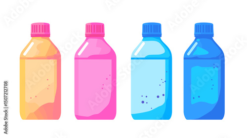 Row of Pixel Art Plastic Bottles in Yellow Pink and Blue Shades on a White Background