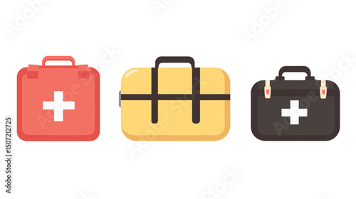 Row of Three First Aid Kit Icons in Red Yellow and Black on a White Background