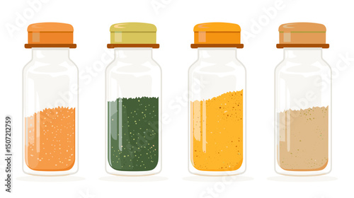 Rows of Four Glass Jars with Various Colorful Spices on White Background