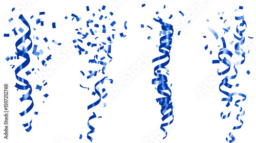 Royal Blue Confetti and Spiraling Ribbon Decorations on White Background for Festive Celebratory Events