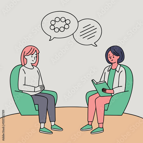 Therapy session illustration depicts patient and therapist in consultation with speech bubbles.
