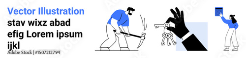 Worker hammering, hand holding keys, individual fixing frame. Ideal for construction, labor, teamwork, home improvement, key access, storage solutions simple landing page