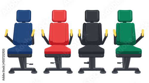 Set of Four Colorful Office Swivel Chairs with Adjustable Armrests and Wheeled Bases for Comfort and Ergonomic Support