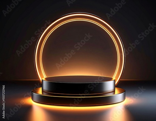 Elegant black product display stand with golden neon lights