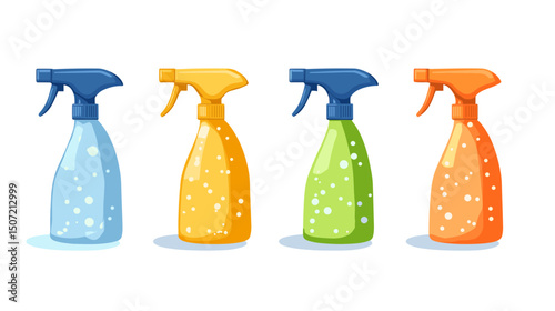 Set of Four Pixel Art Spray Bottles in Blue Yellow Green and Orange on White Background